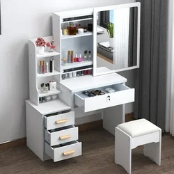 IQUE Table Vanity avec Miroir Lumineux, Tabouret de Maquillage, Bureau avec Rangement, Prise de Courant et Brocommuniste de Proximité, Modes d'Éclairage pour Documents