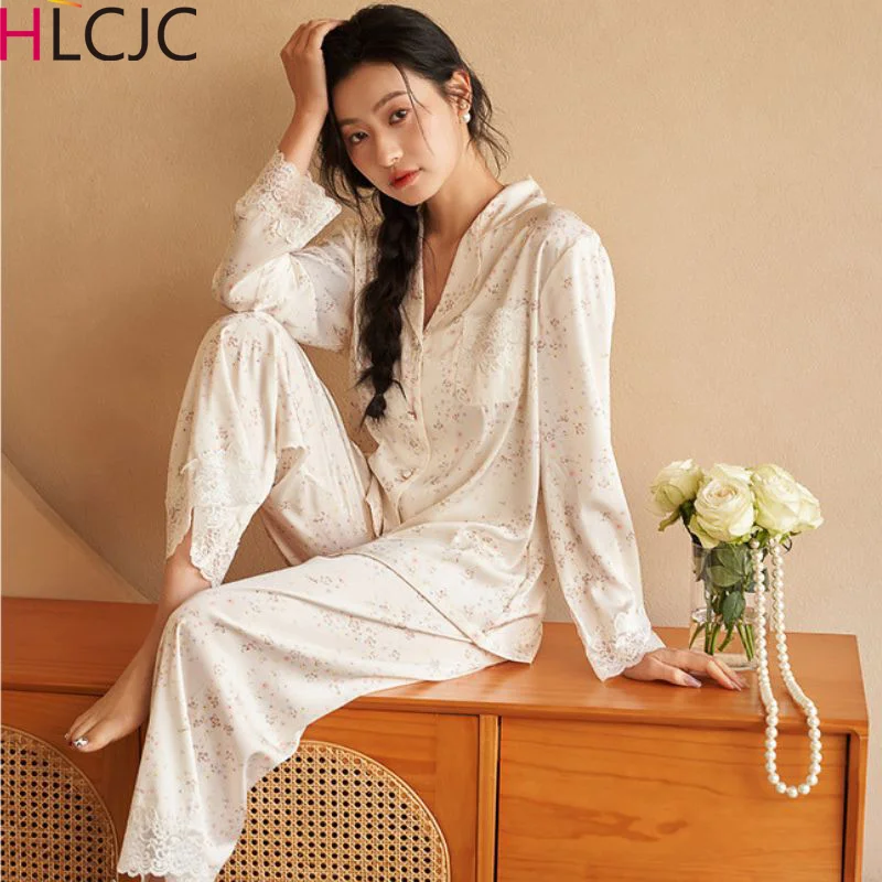 

Spring Summer Ice Silk Pajamas For Women Sleepwear Long Sleeve Lace Nightwear Pyjamas Suit Home Clothes Floral Printed Sleep Set