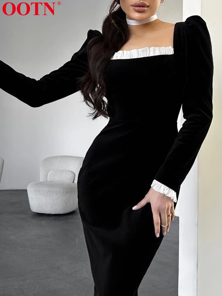 OOTN Elegant Dresses Women Knitted Square Collar Long Sleeve Slim Black Dress Female 2024 Autumn Fashion Patchwork Party Casual