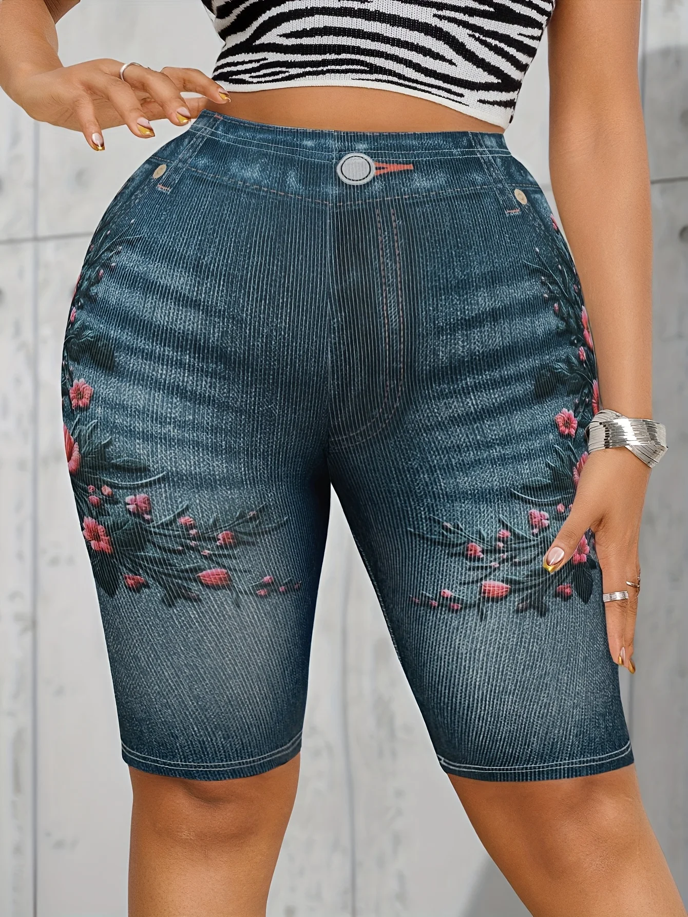 Denim Like Stretchy Capri Pants with 3D Floral Prints Knitted Mid Length Basics