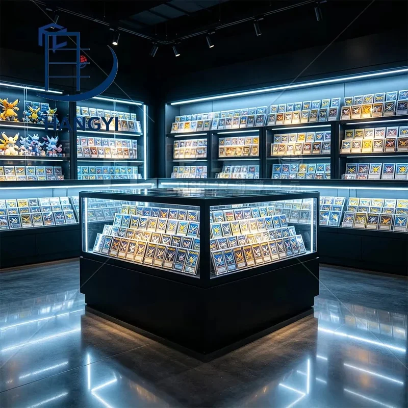 custom.Hangyi.custom Led Tcg Trading Card Display Cabinet Lockable Aluminum Tempered Glass Showcase Retail Game Hobby