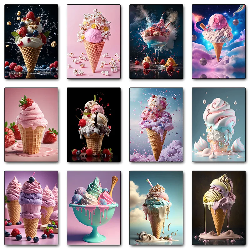 Dessert Colored Ice Cream Cone Paired Fruit Blueberry Vanilla Poster Print Wall Art Pictures Canvas Painting Room Home Decor