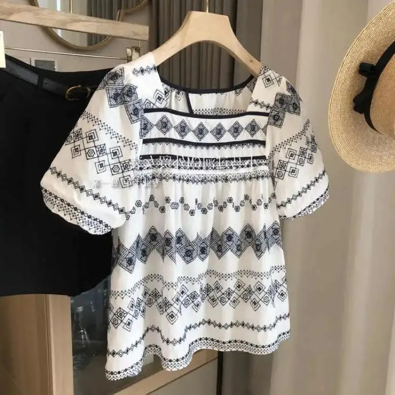 

Women Summer Fashion Printing Square Collar Puff Sleeve Thin Shirts Ladies Simplicity Office Lady All-match Temperament Tops