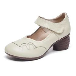 1930S antique ladies shoes block low heels woman mary jane pumps plain color round toe retro style women's shoes genuine leather