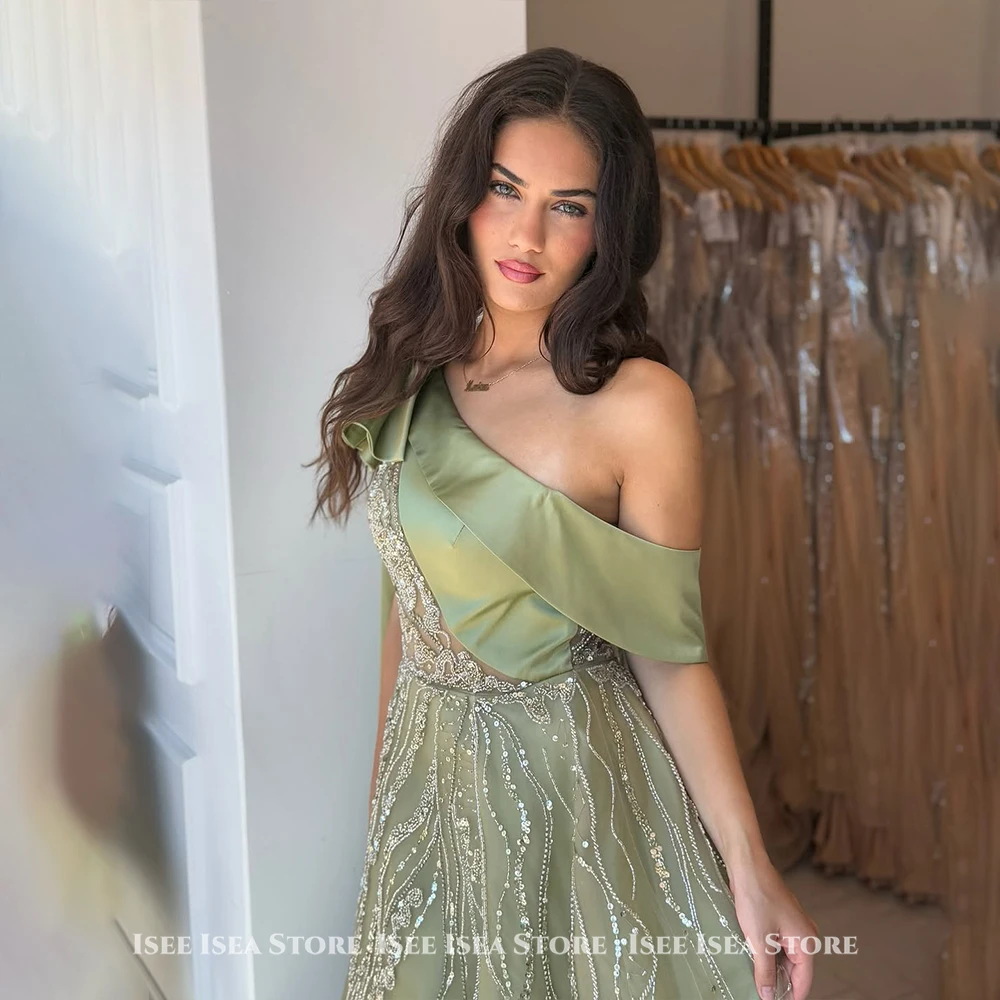 Vestido de noite verde sálvia 2025 - vestido de gala de baile de formatura com lantejoulas e lantejoulas de renda transparente com babados e um ombro personalizado