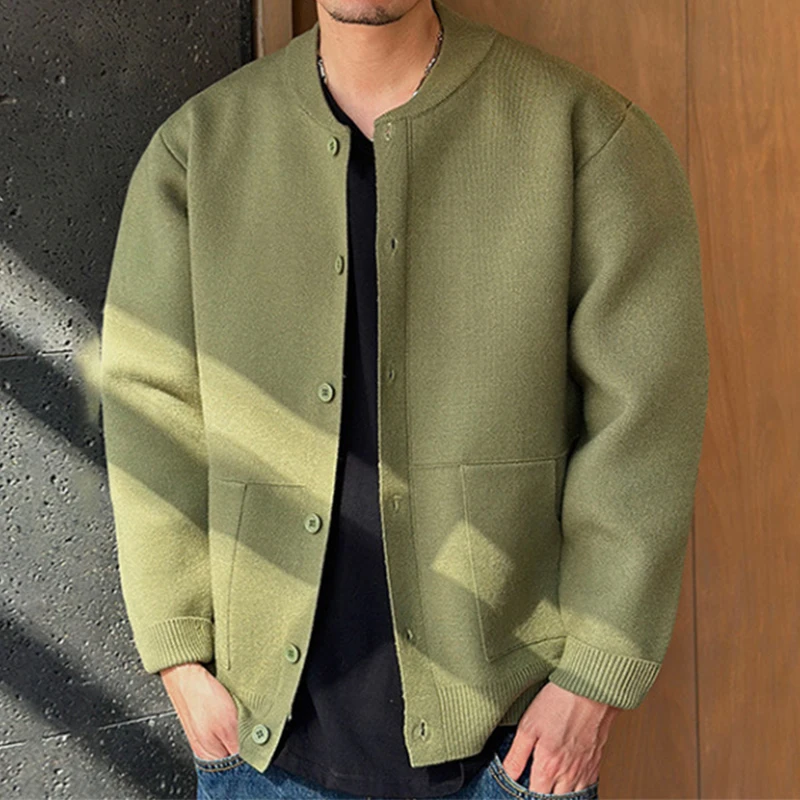 Trendy Men's Solid Color Sweatercoats Autumn Outdoor Fashion Button-up O Neck Cardigans Men Knitting Long Sleeve Sweater Jacket