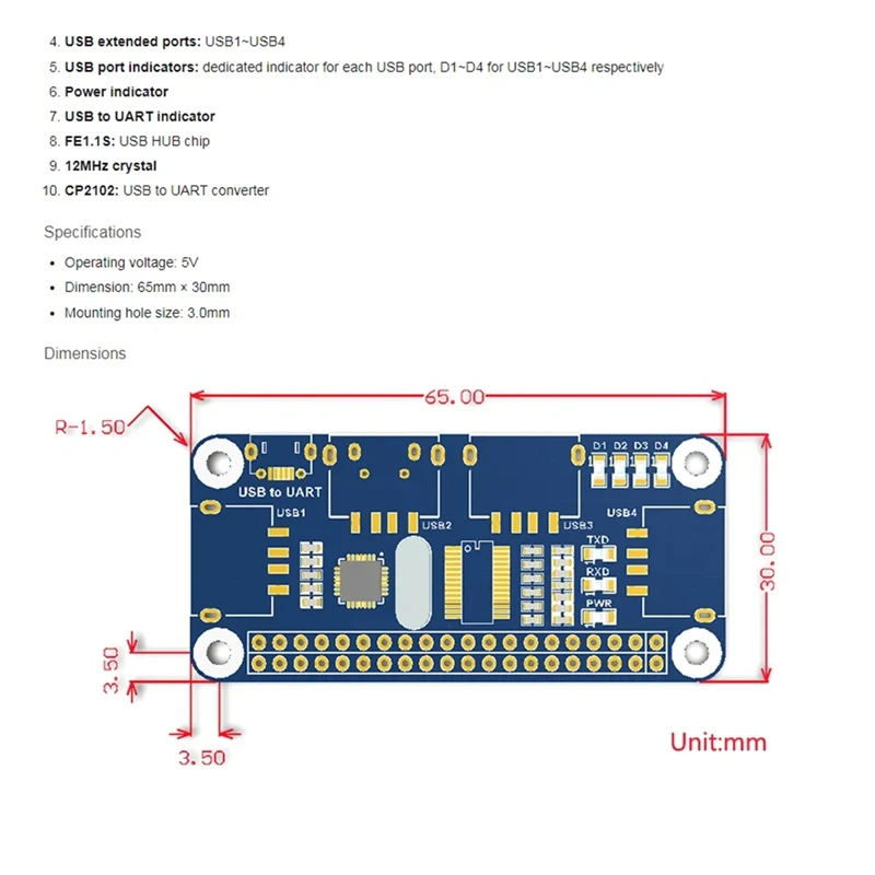 4 Port USB HUB HAT for , USB to UART Onboard-TCES