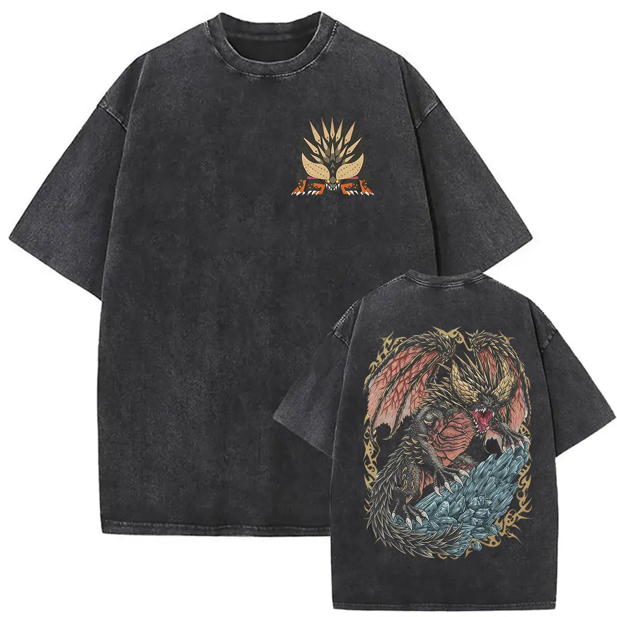 Vintage Washed Monster Hunter Graphic T Shirts Nergigante The Extinction Dragon Game Fans T-Shirt Men's Clothing Oversized Tees
