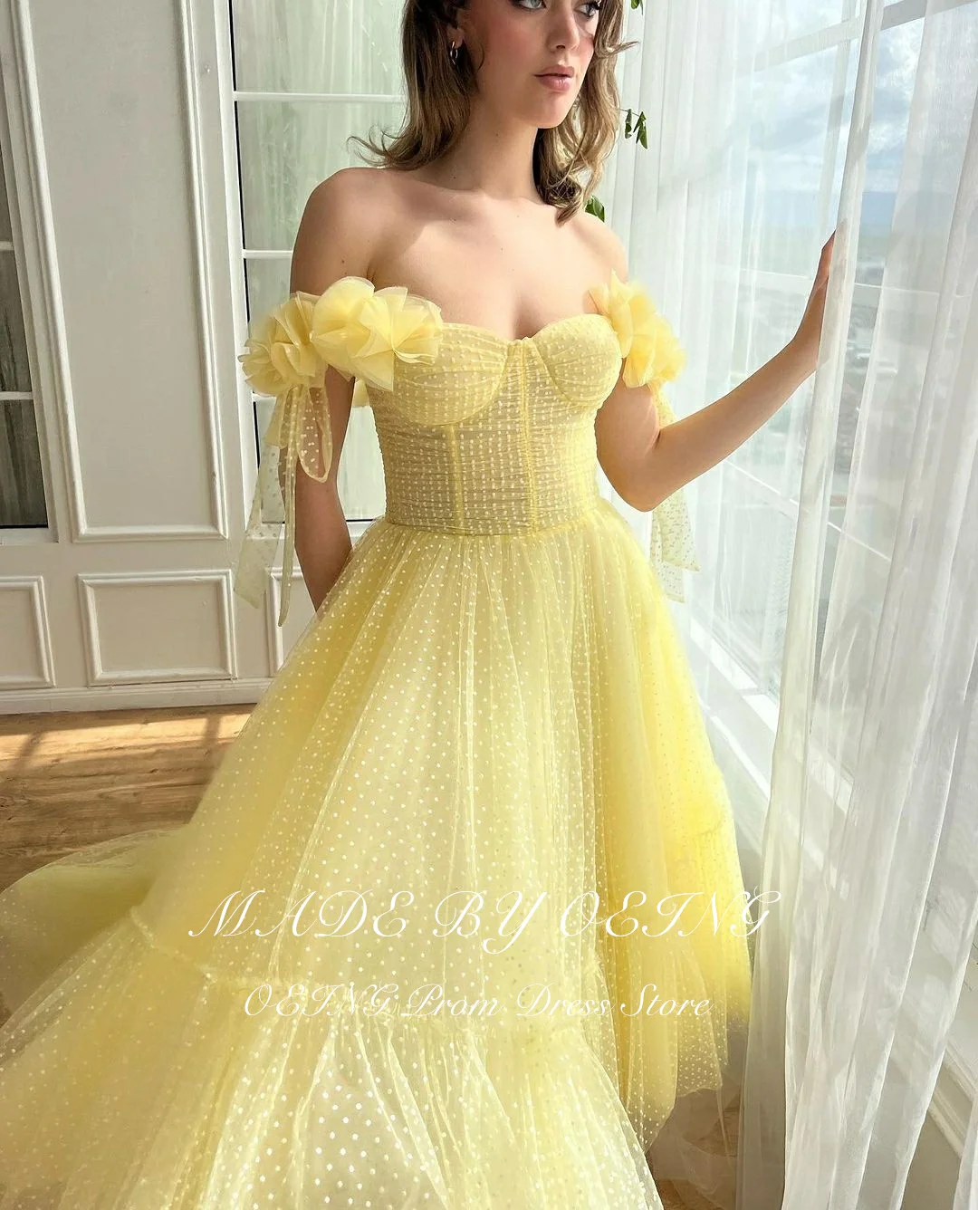 OEING Fairy Yellow Prom Dresses Princess Tulle Tea Length Women Evening Gowns Pastrol Off The Shoulder Wedding Party Dress