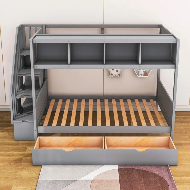 

Twin Over Full 2 Drawer Standard Bunk Bed with Storage Shelves Factory Direct Supply Kids Pine Wood Bunk Bed with Stairs