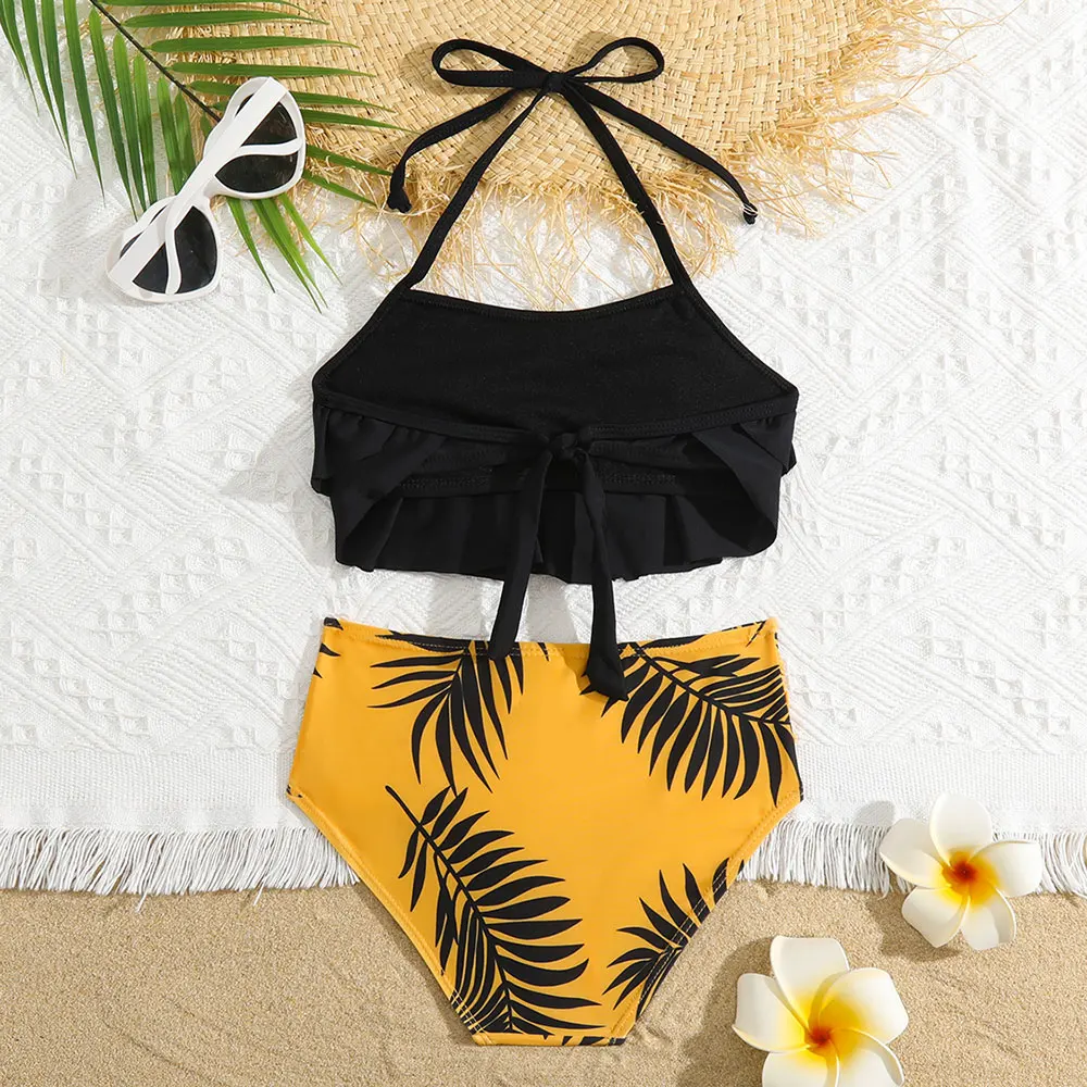 Girls Tropical Leaf Print Swimsuit Kids 5-14 Years High Waist Bikini Halter Top Two Piece Children\'s Swimwear Teen Bathing Suit