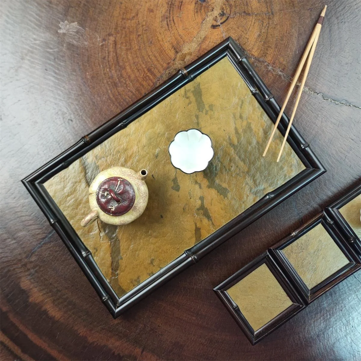 Retro Natural Cliff Stone Dry Tea Table Small Tea Tray Bamboo Purple Tea Serving Tray Tea Set for Home Use Single Layer Handmade