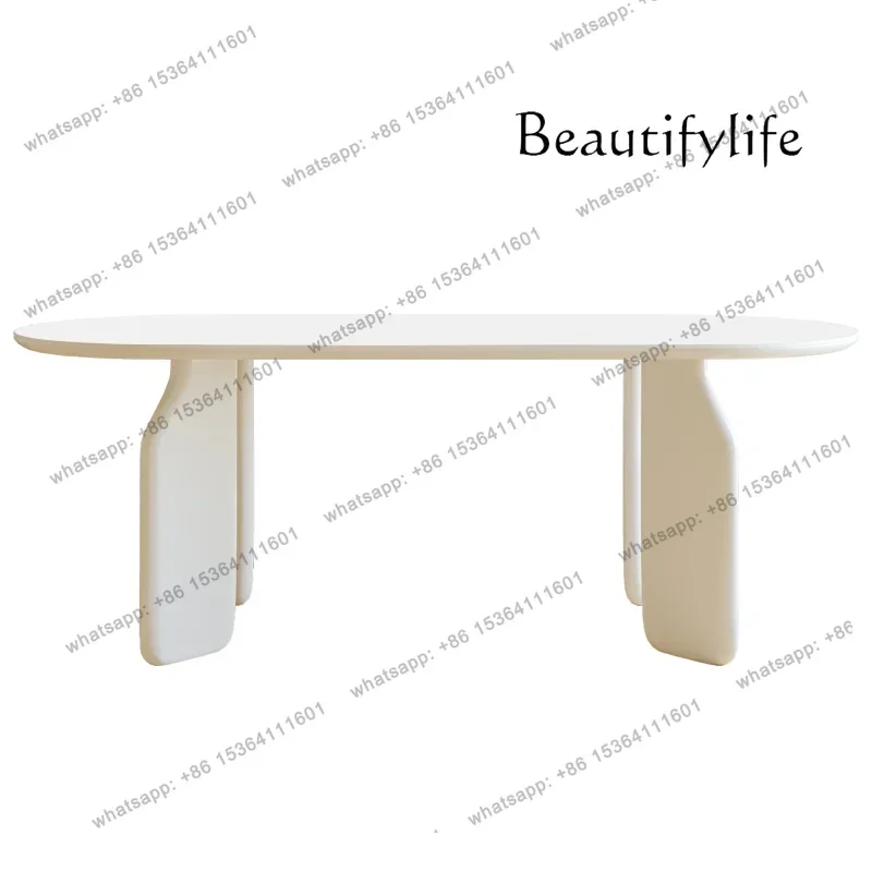 

French Cream Wind Rock Board Dining Table And Chair Combination, Solid Wood Table Foot Small Apartment Modern Simple Oval