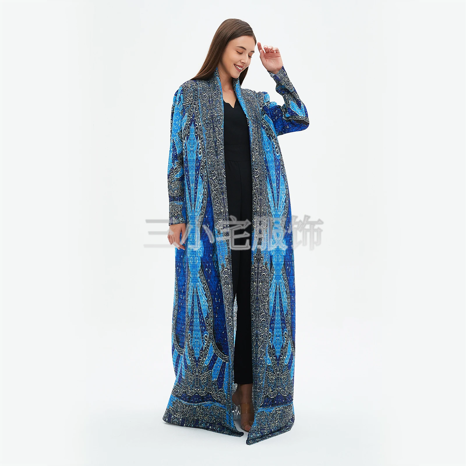 YUDX Miyake Long Sleeve Printed Dress Windbreak Women 2024 Winter New Original Designer Abayas Turndown Collar Belted Coats