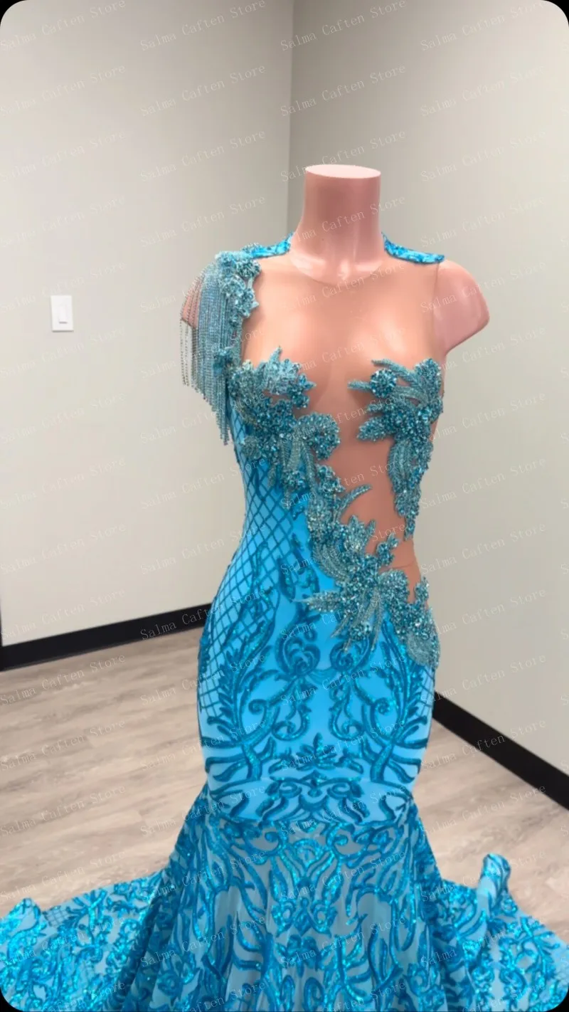 See Through Ice Blue Seuqins Beaded Mermaid Dress Crystals Printed Tassel Evening Dresses Ruffled Floor Length Prom Gown image 3