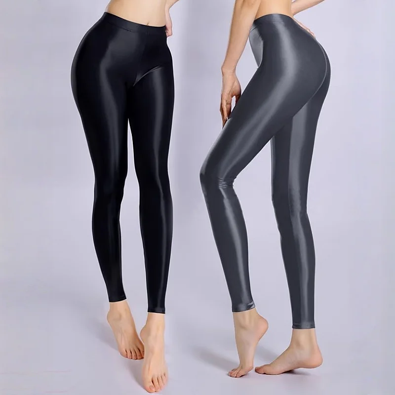 

Women Oil Shiny See Through Skinny Leggings M L XL Plus Size Yoga Dance Footless Tights Smooth Transparent Shaping Underwear