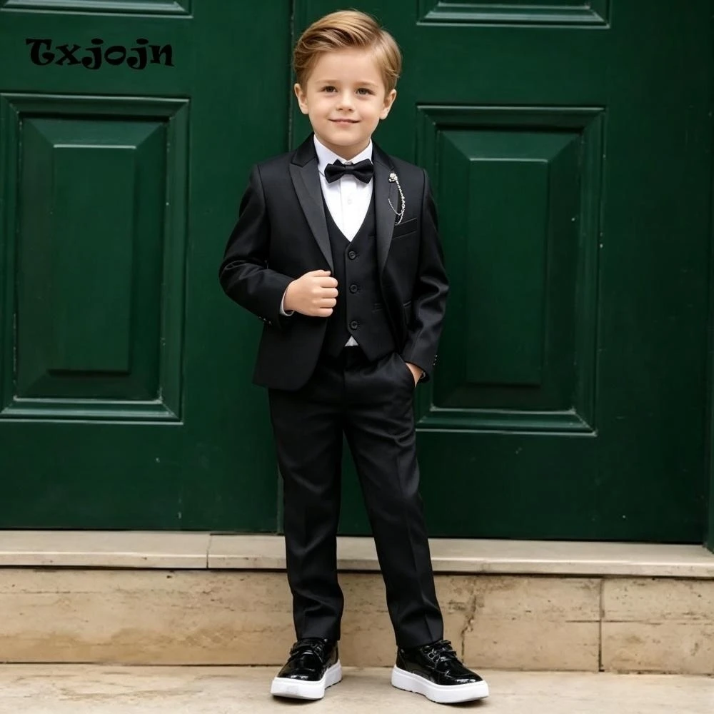 Homecoming Formal Suit for Boys Wedding Tuxedo 3 Piece All Black Jacket Pants Vest Kids Blazer Set Slim Fit Tailored Outfit