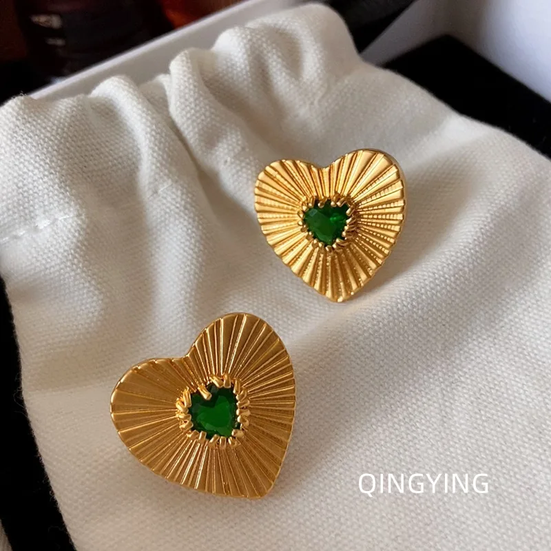 

Green cz stone texture heart stud earrings for women statement cute earrings for teenage girls summer accessory