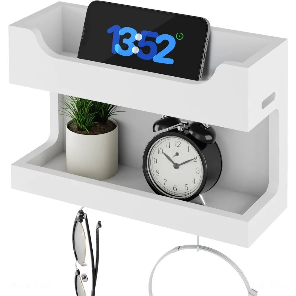 

Настенный деревянный органайзер для прикроватной тумбочки с двойным лотком и магнитными крючками для телефона, очков, часов и пульта дистанционного управления