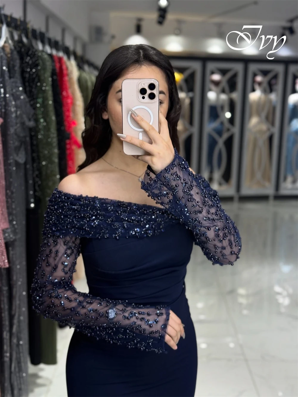 Aangepaste luxe off-the-shoulder avondjurk met lange mouwen Hoge kwaliteit jersey galajurken Temperament Crystal feestjurken
