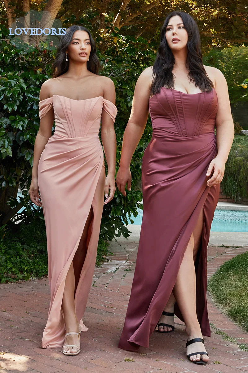 LoveDoris Evening Dress Off the Shoulder Satin Bridesmaid Dress Sexy Wedding Dress High Split Backless Dress