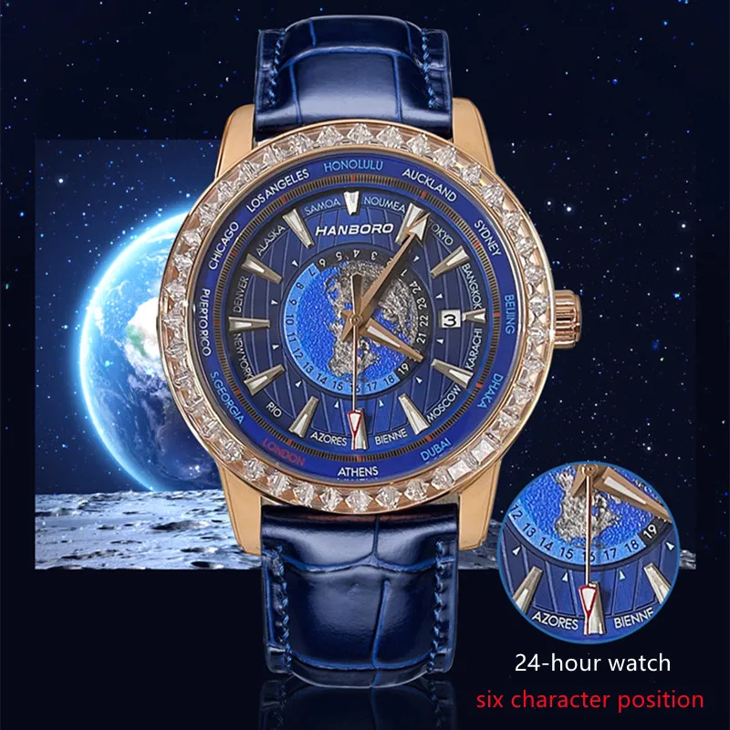 HANBORO Earth Globe Man Watch Watch Calendar Wristwatches Crystal Diamond Mechanic Watches For Men Fashion Orologio