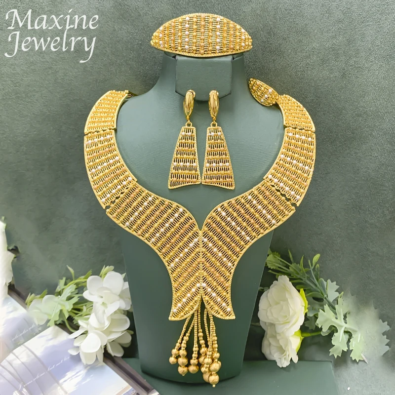 

Bohemian Dubai Gold Plated Luxury Original Jewelry Set for Women Golden Necklace Earring Bracelet Ring Party Wedding Gifts