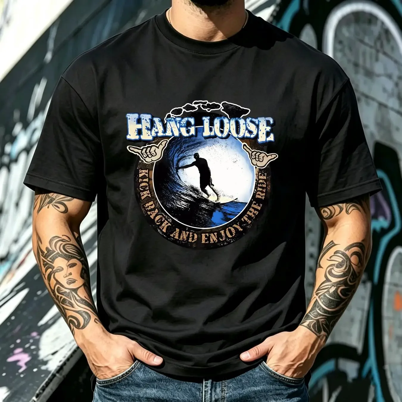 washed T Shirt Hang Loose Kick Back Relax Enjoy TheRide Hawaiian Island Mens L long or short sleeves vintage Washed Stylish