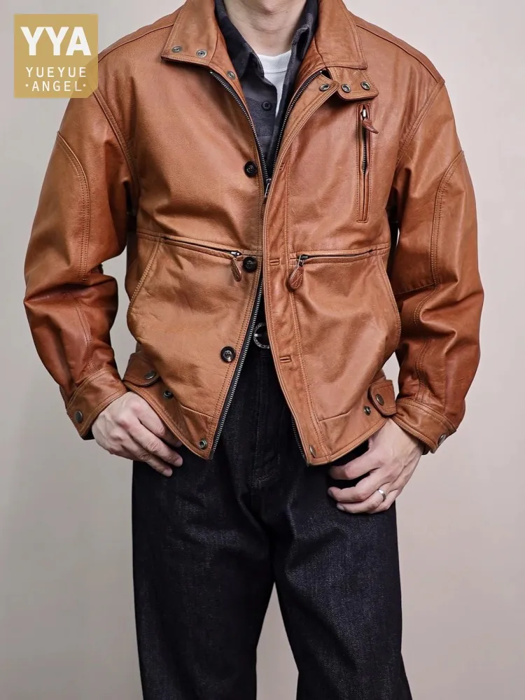 

Mens Genuine Leather Jacket Stand Collar Vintage Top Quality Cow Leather Autumn Business Outerwear Loose Stylish Single Breasted