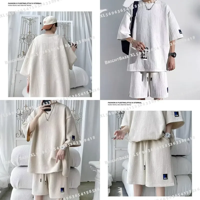 2026 New 3D Waffle Men's Summer Suit Casual T-shirt and Shorts Set Solid Color Loose Tracksuit for Men Comfortable Leisure