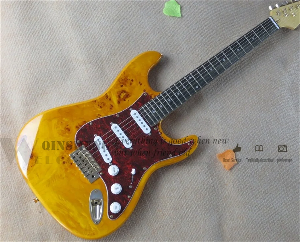 Classic Yellow Electric Guitar Stra body  Burl Maple top Golden Bridge Red Tortoisesheck guard rose wood fingerboard