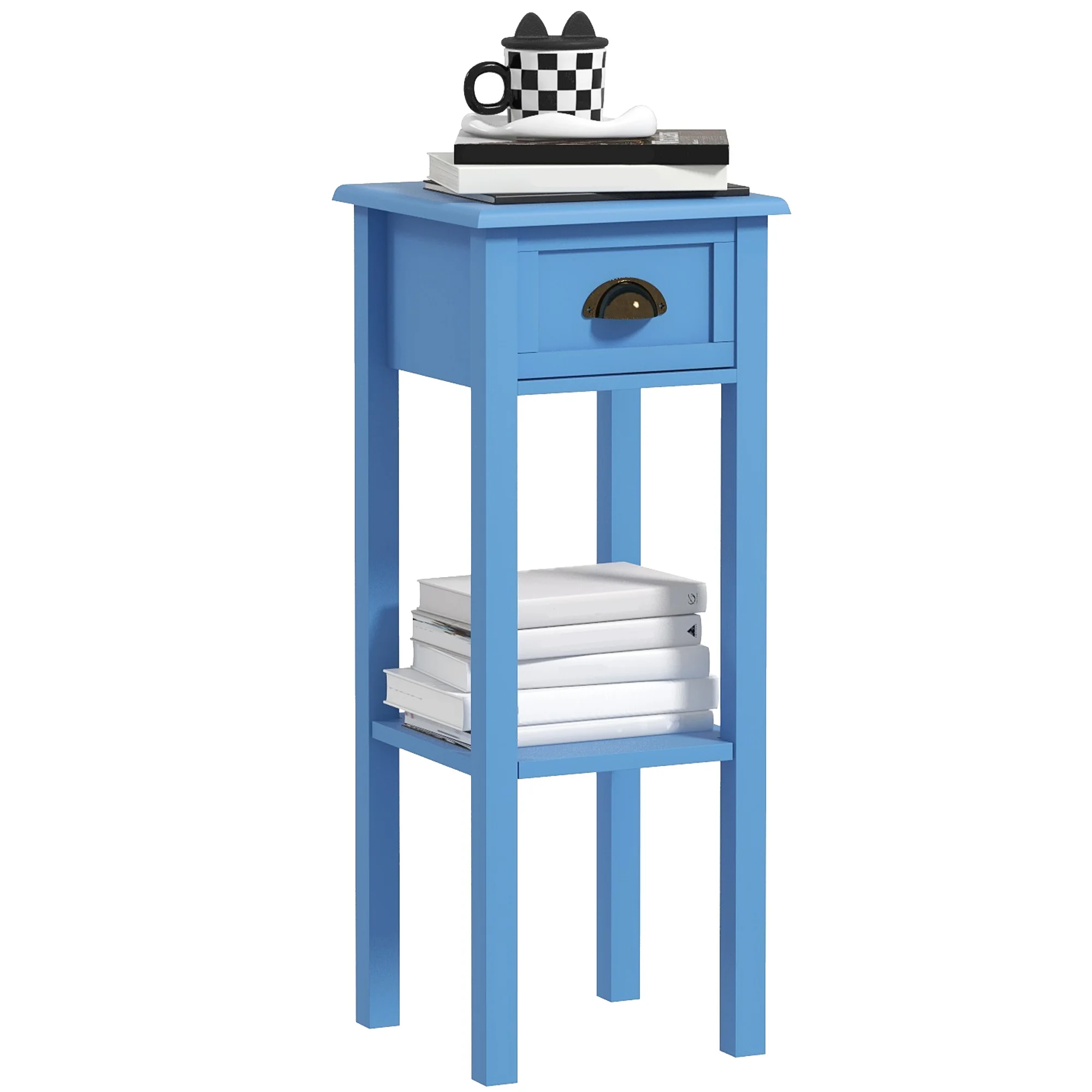 HOMCOM Narrow End Table with Drawer and Bottom Shelf Set of 1 Light Blue