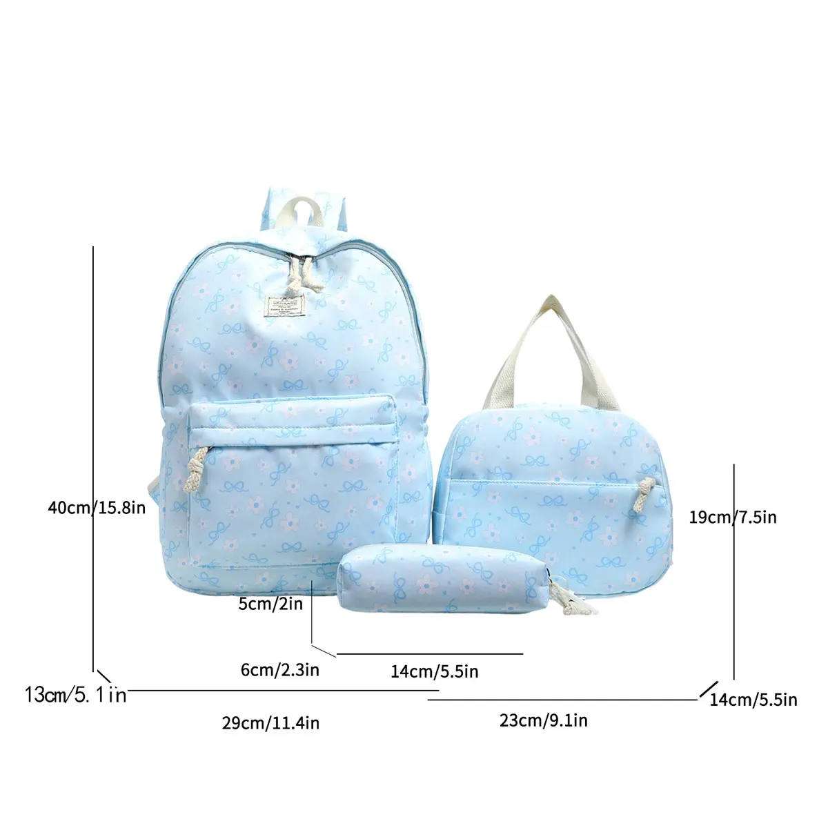 Fresh Lovely Floral Bow Teen Girls Daypack Set, Multi-purpose Large Capacity 3-Piece Backpack for Campus Outdoor Travel