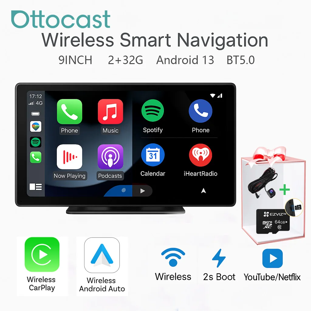 

OTTOCAST 9in Smart Car Navigation Screen Android13 Wireless Phone Link Free Rear Camera Support TF Card Expansion Car Video Play