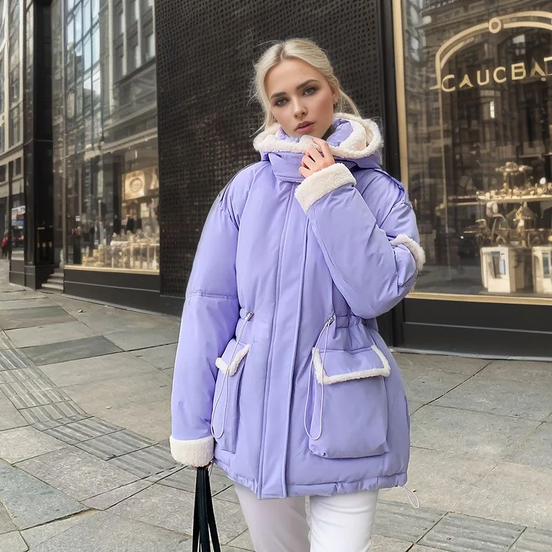 Jaqueta de algodão de lã de cordeiro para mulher 2025 inverno contraste com capuz casual parkas casacos 2 bolso engrossar jaqueta quente roupas femininas