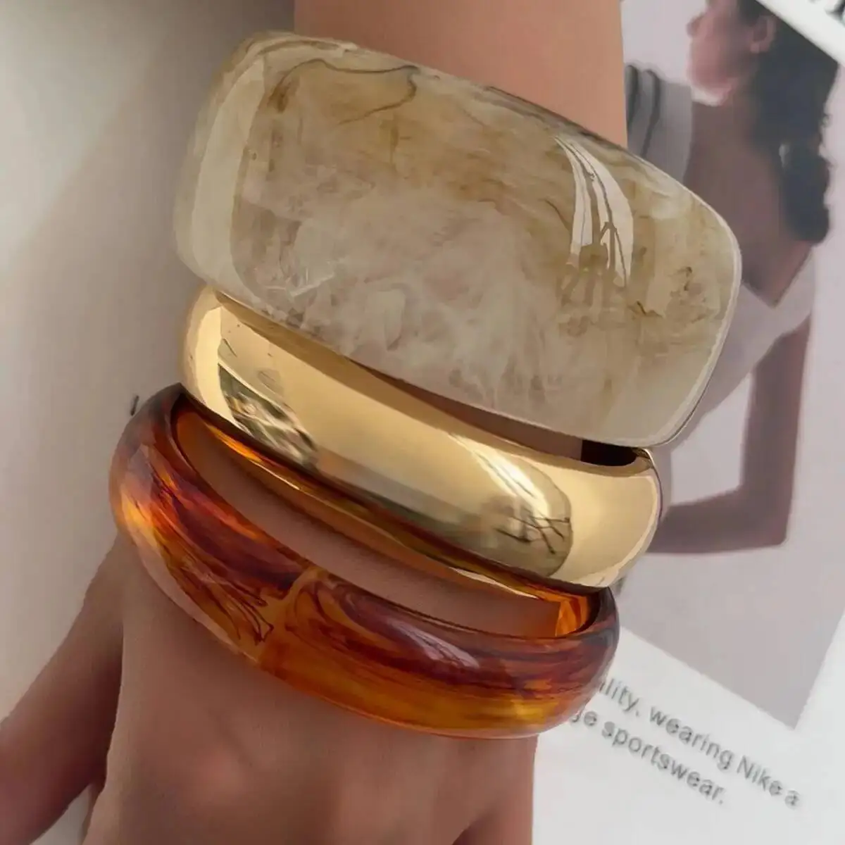 IngeSight.Z 3 Styles Boho Brown Off White Resin Acrylic Wide Bracelets Women New Stackable Round Chunky Bangle New Year Jewelry