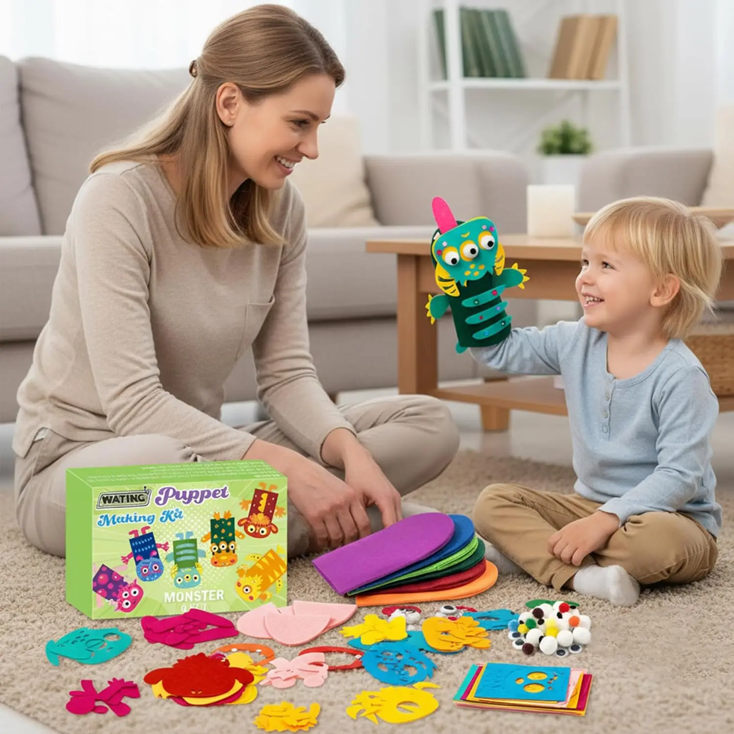 6Pcs DIY Hand Puppet Craft Kit with Pompoms & Googly Eyes, Creative Felt Sock Puppet Toys for Kids Role Play Party