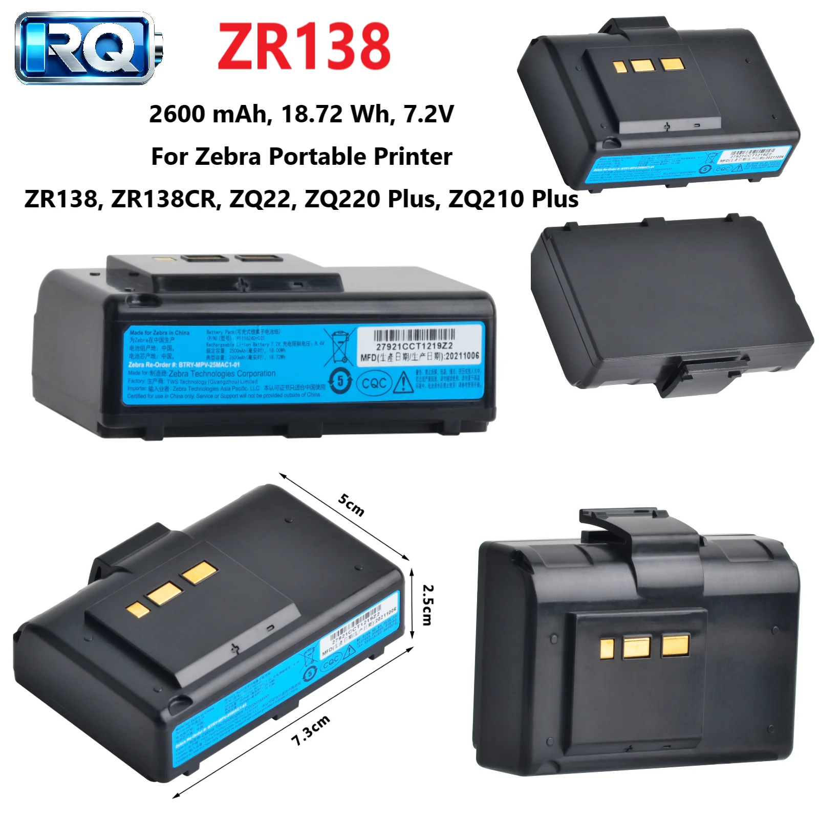 ZR138 2.5Ah Replacement Rechargeable Battery For Zebra ZR138 ZR138CR ZQ22 ZQ220 Plus ZQ210 Plus BTRY-MPV-24MAC1-01 Mobile Printe