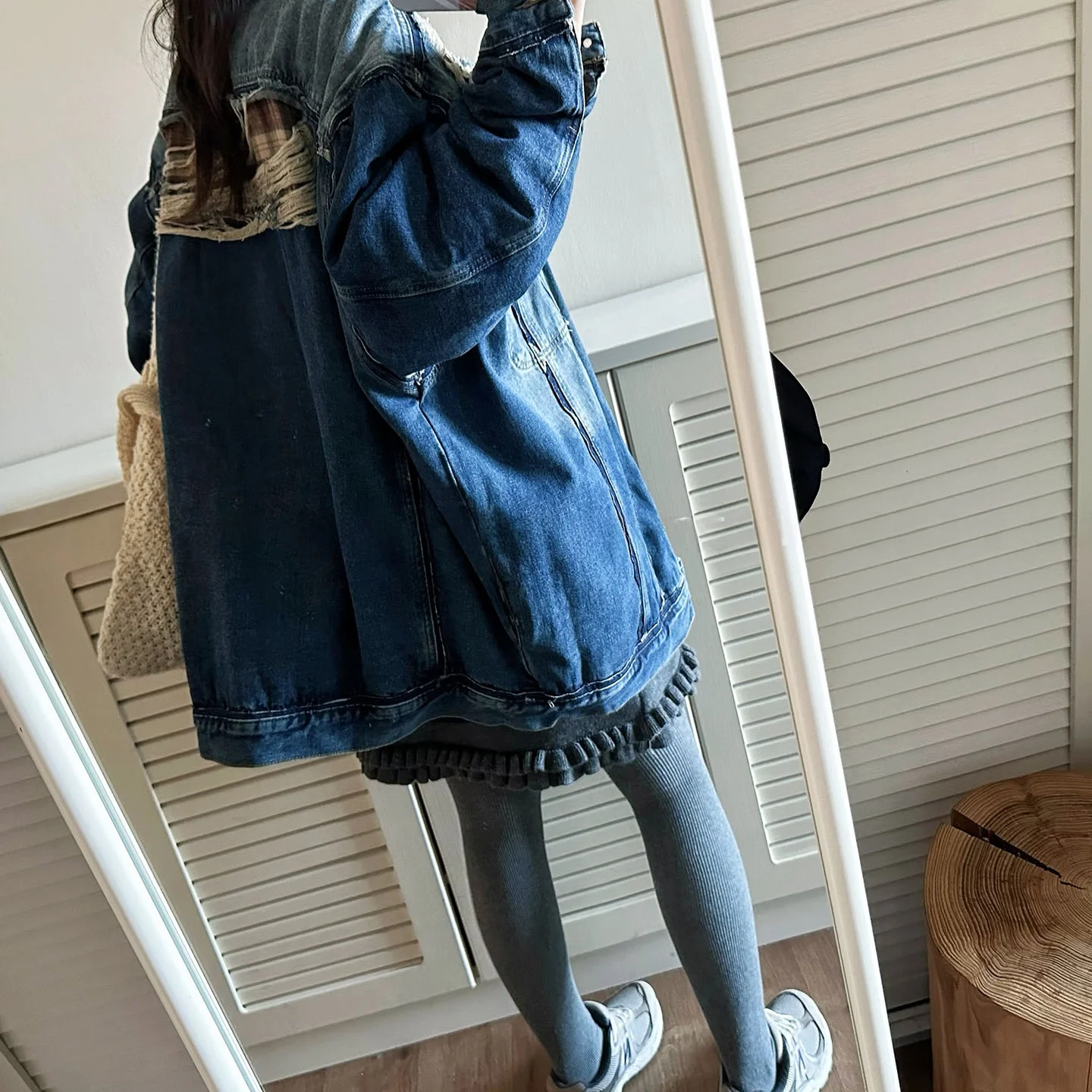 

Worn Look Denim Cotton Jaet Mid-Length Oversized Patchwork Collar Two-Piece Effect Blue Waed-Out Korean Sle Women's Coat