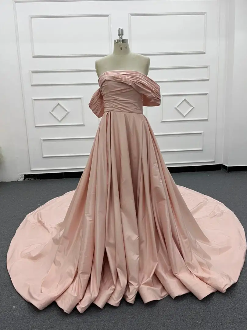 

Stylish Satin Modern Wedding Dress Blush Pink Off Shoulder Design Mermaid Trumpet Crystal Beaded Bridal Gown 2024 فساتين السهرة