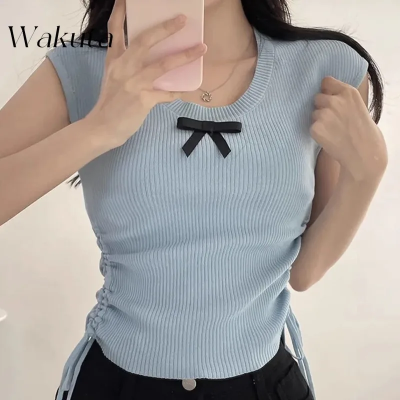 

WAKUTA Korean Classic Round Neck Short Sleeved Autumn Bow Knit Sweater Cute Casual Waist Cinching Shirt Y2K Clothes 민소매 티 여성