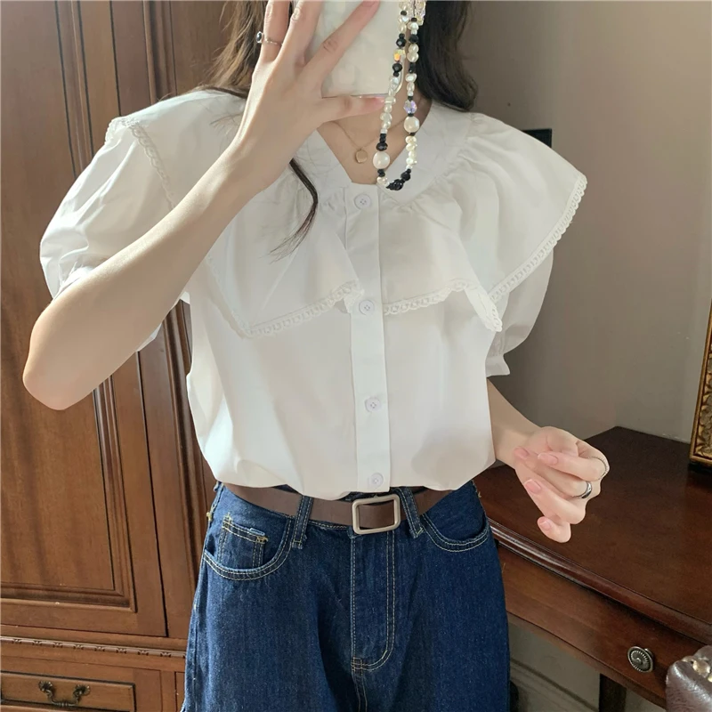 White Retro Shirt Women Summer Chic Puff Sleeve Loose Top Korean Fashion Harajuku Lace Patchwork Peter Pan Collar Female Blouse