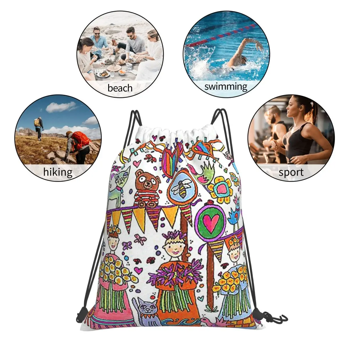 面白いページフラワーガールズバックパック多機能ポータブル巾着バンドルポケット収納袋ブックバッグ男性女性学校