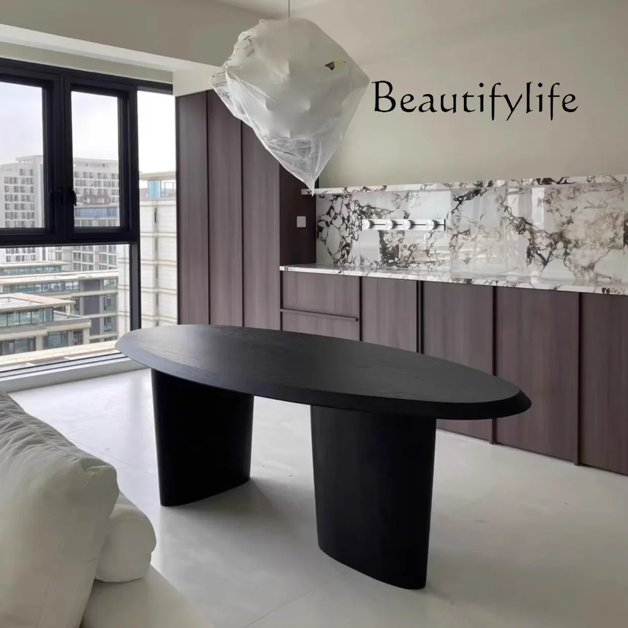 North American oak solid wood dining table black   writing desk French minimalist designer log tea table