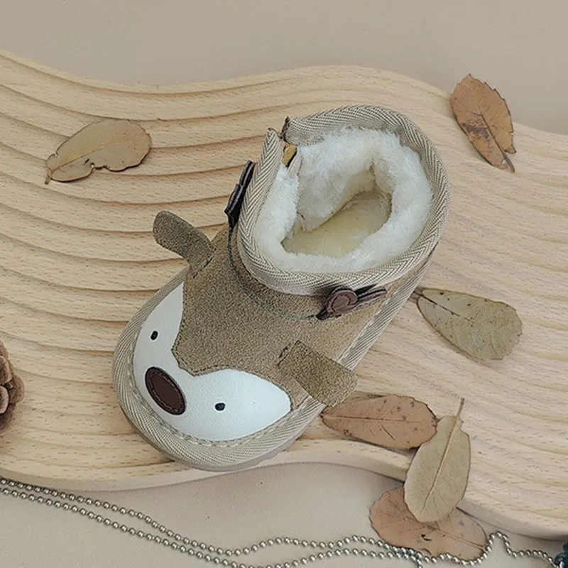 Chaussures en cuir chaudes en peluche pour bébés filles et garçons, semelle en caoutchouc non ald, dessin animé animal, bottes pour tout-petits, mode, hiver, nouveau, 15-25, 2024