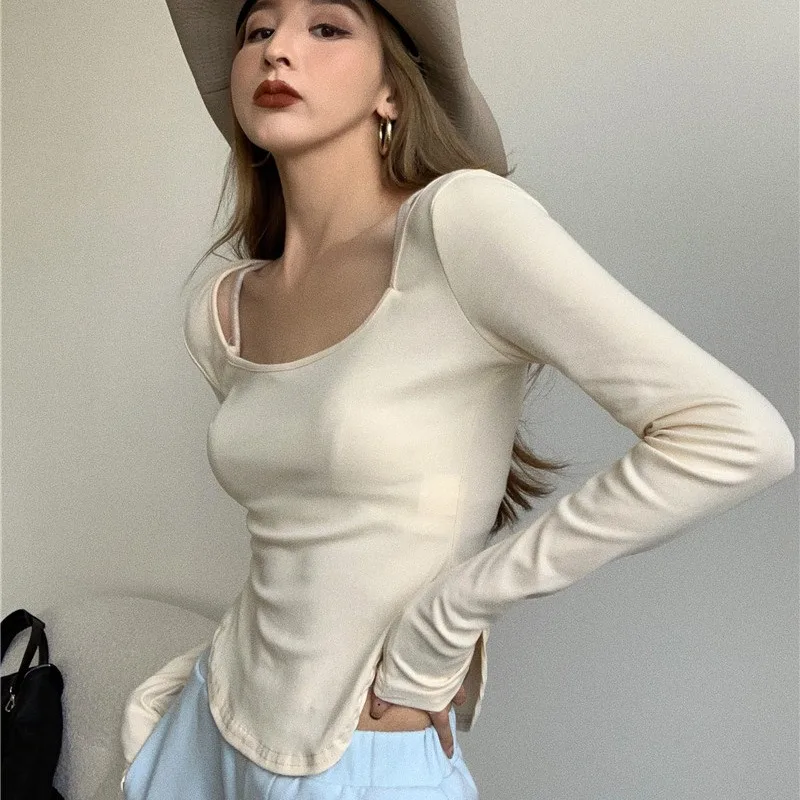 Women U Neck Irregular Hem Long Sleeve T-shirt Slim Fit Solid Color Casual Basic Layering Tops