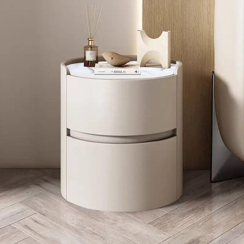 Round Leather Nightstand, Two-Drawer Bedside Table , Stylish End Table for Bedroom, Living Room