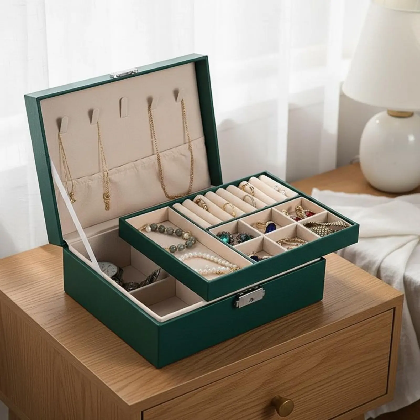 

Шкатулка для украшений с надежной металлической застежкой, вместительный футляр для хранения ювелирных изделий, коробка для аксессуаров с мягкой роскошной текстильной подкладкой для туалетного столика