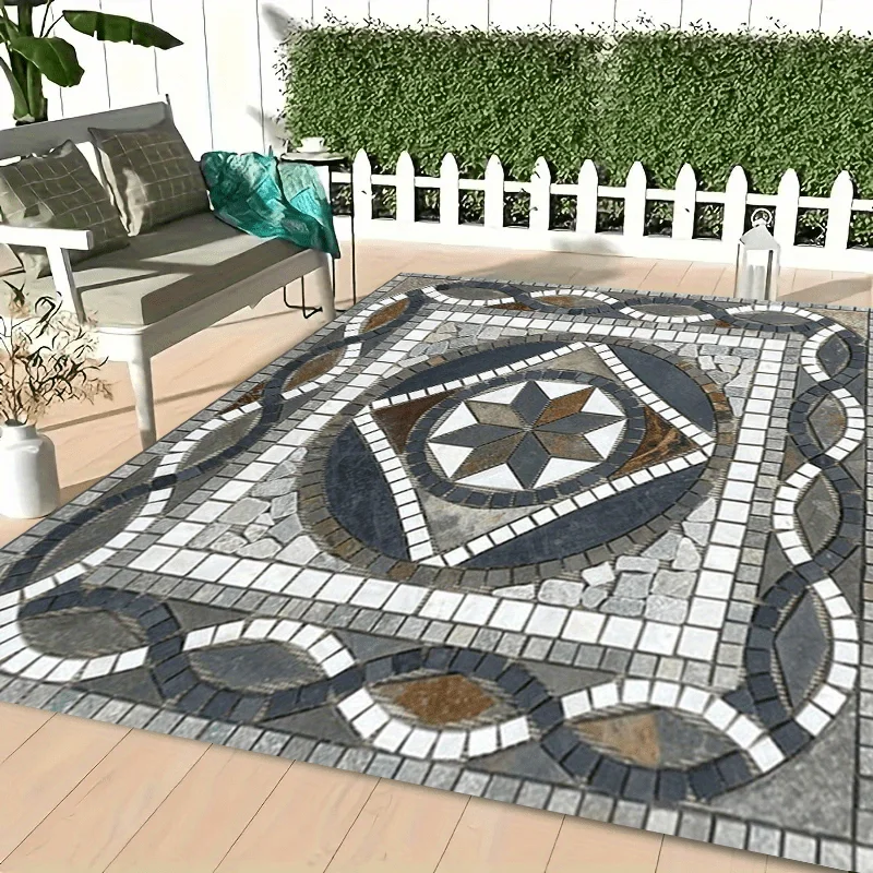 

1pc Bohemian Vintage Marble Pattern Outdoor Mat,Soft Non-Slip Polyester Rug with Golden Diamond Velvet Material Machine Washable