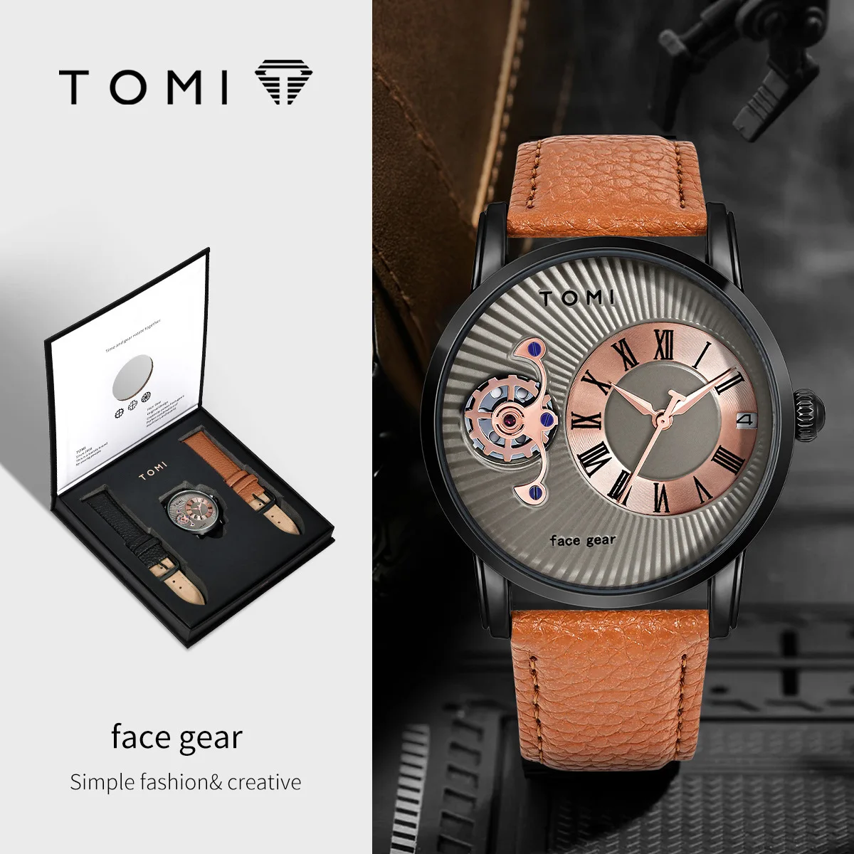 

Men's Fashion Quartz Watch Simple Leather Strap TOMI Face Gear Clock Business Reloj